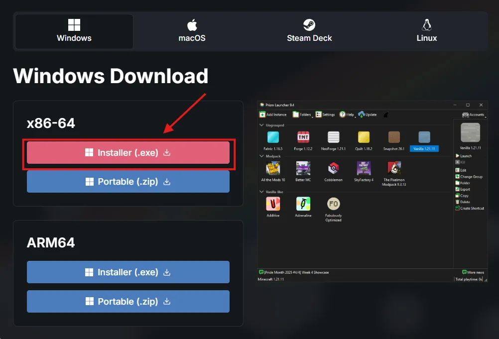 PrismLauncher exe 下載按鈕